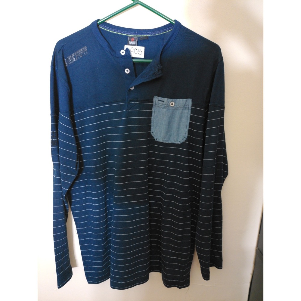 Swiss Cross Henley Shirt Mens Large Navy Blue Striped Long Sleeve Mixed Media